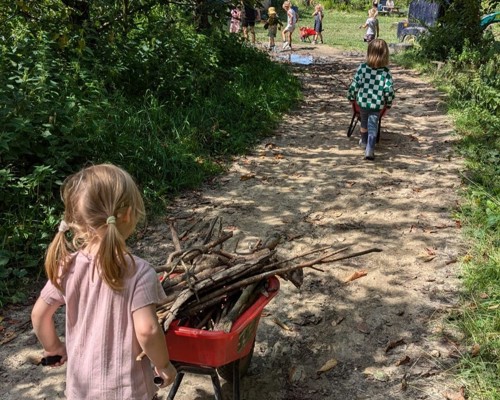 vrijwilligerswerk Heverlee_kinderkampje op de boerderij, kind met takken in kruiwagen